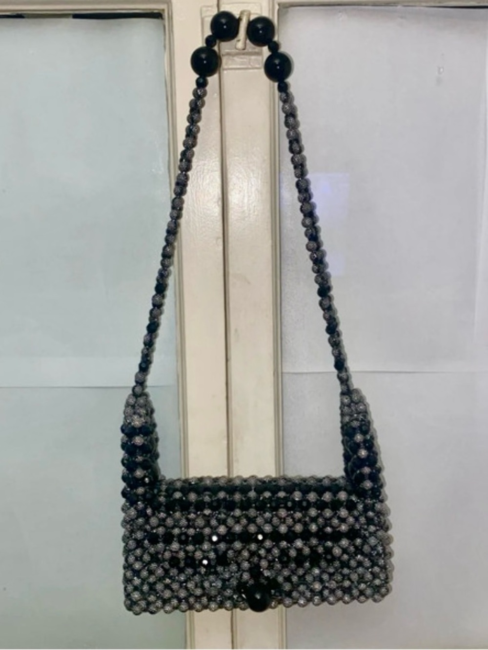 Handmade Beaded Shoulder Bag in Black and Gray